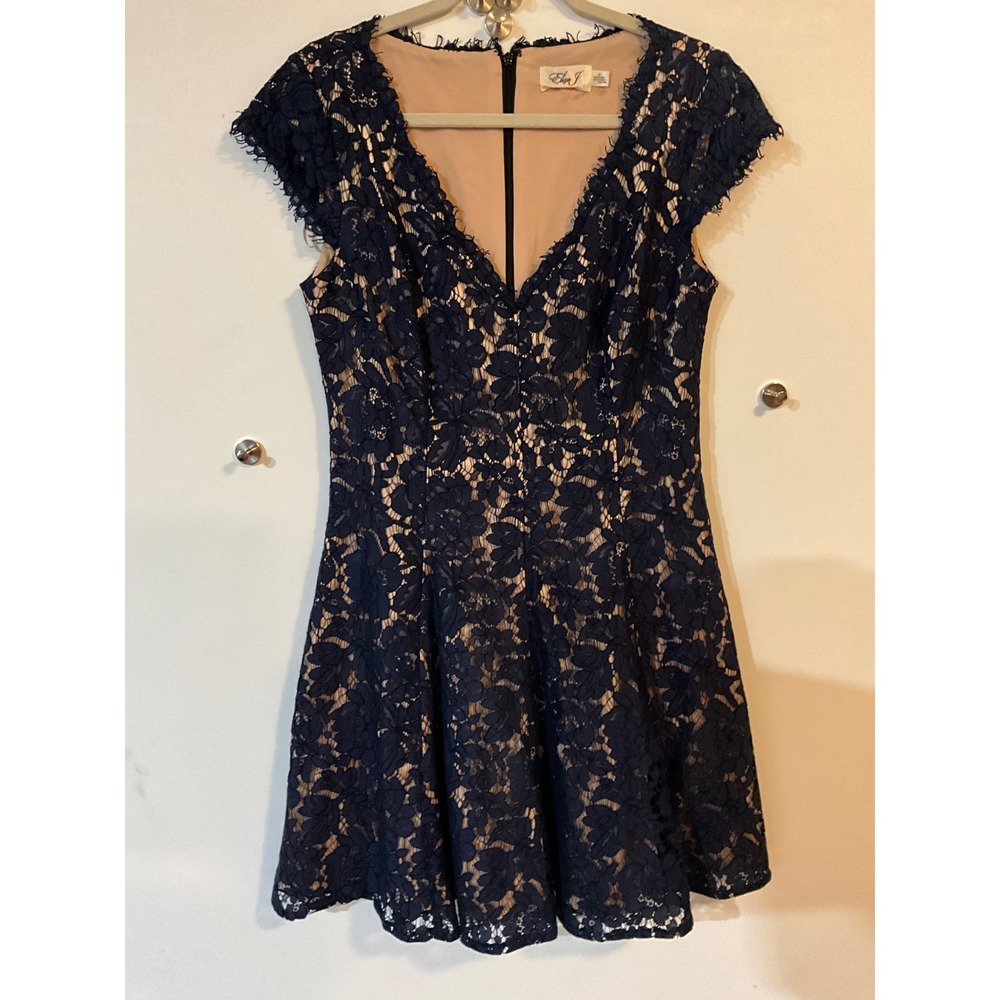 Eliza J Navy Blue Floral Lace Fit and Flare V-Neck Cocktail Dress Size 10